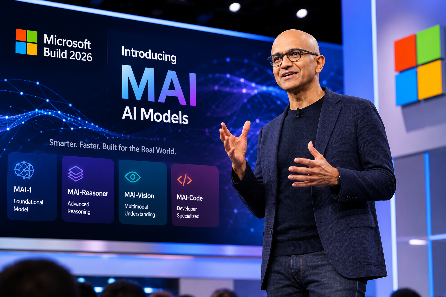 Microsoft Signals a Shift in Its AI Priorities Satya Nadella presenting Microsoft's MAI AI models on stage at Build 2026