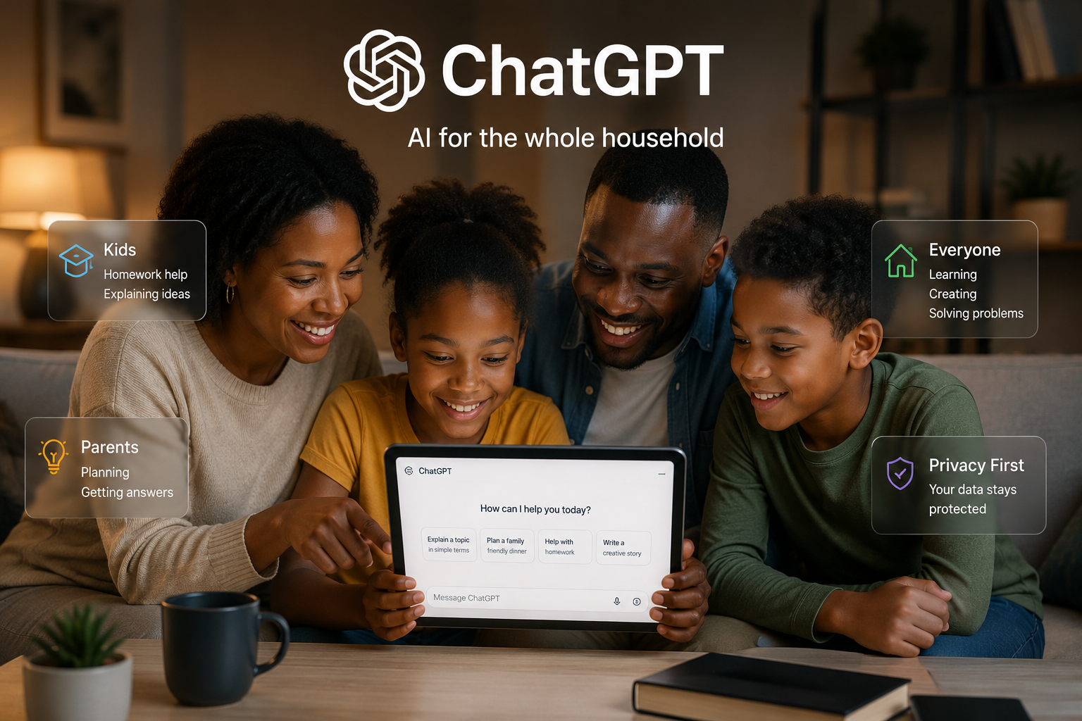 Family using ChatGPT together on a tablet representing OpenAI's household-focused product strategy