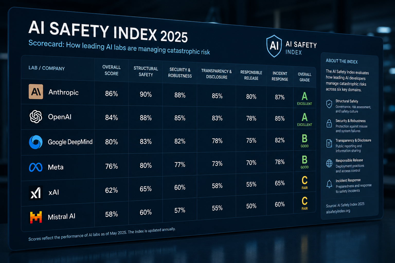 AI Safety Index scorecard showing grades for major AI labs including Anthropic, OpenAI, and Google DeepMind