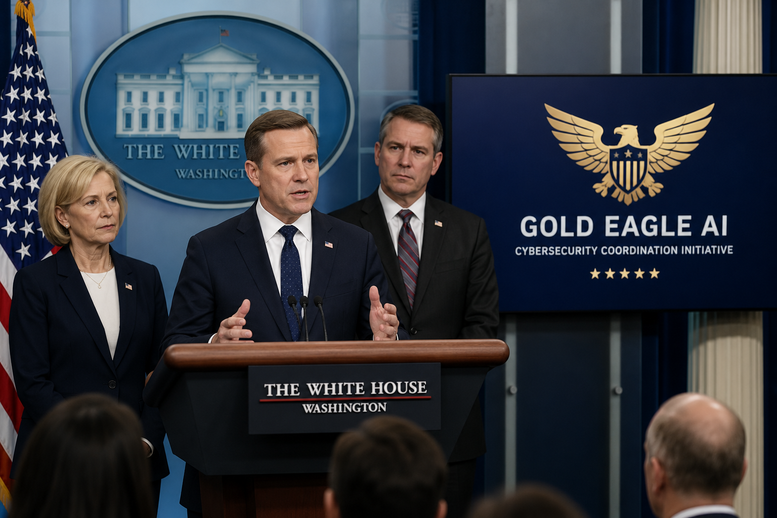 White House officials announcing the GOLD EAGLE AI cybersecurity coordination initiative
