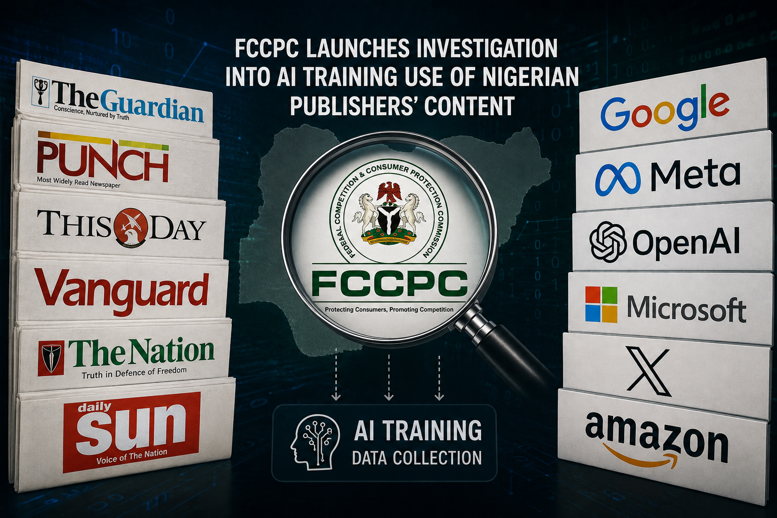 Nigerian news publishers and Big Tech company logos representing FCCPC's AI training content investigation