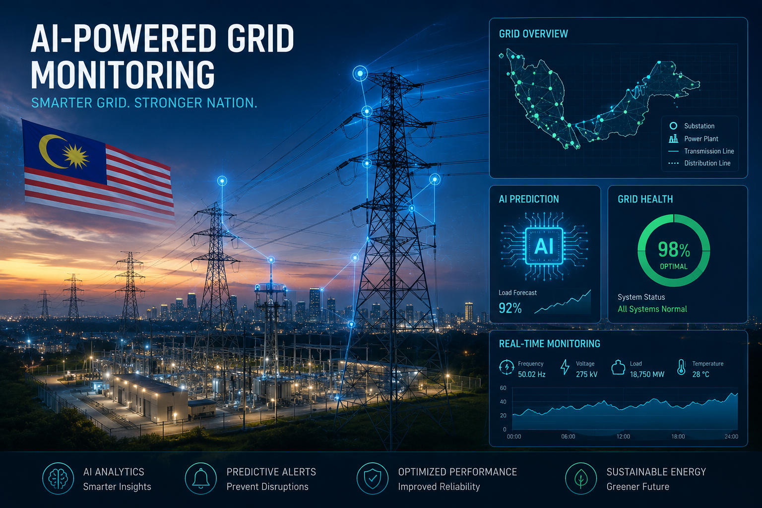 Malaysia electricity grid infrastructure with AI-powered monitoring system illustration