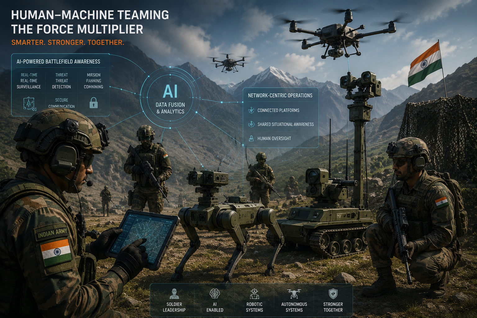 Inside India's Reported Push Toward AI Powered Human-Machine Teaming Indian Army soldiers alongside AI-driven robotic defense platforms representing Human-Machine Teaming