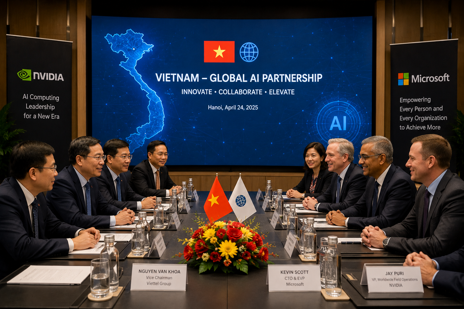 Vietnam Deepens AI Bet With New Global Technology Partnerships Vietnam technology leaders meeting with global AI partners including Nvidia and Microsoft representatives