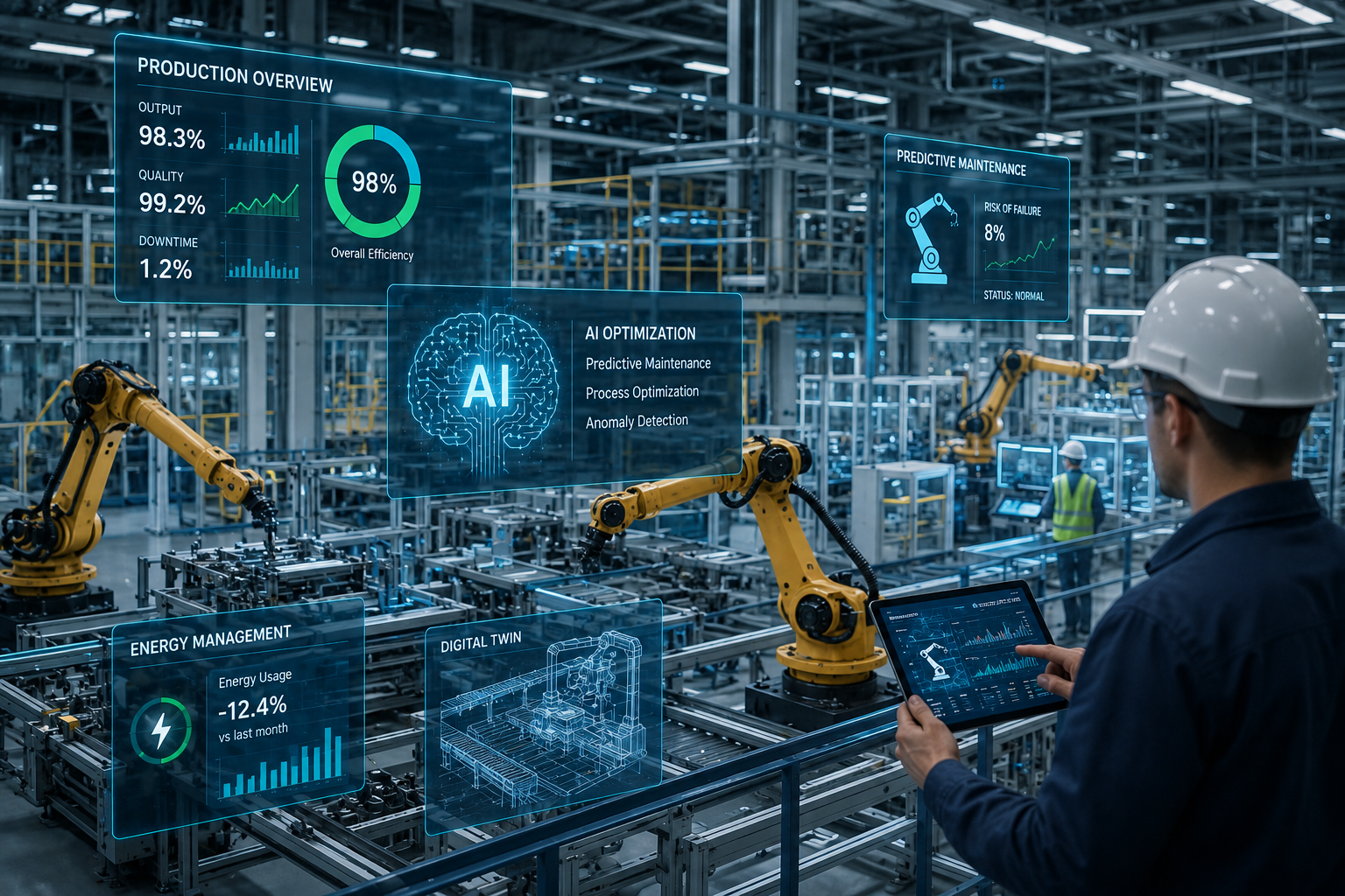 Former Apple Engineers Launch $33 Million Fund to Back AI Startups Manufacturing factory floor with AI-powered industrial technology representing Omni Ventures' investment focus